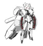  1girl android armor breasts commentary_request expressionless full_body headgear highres looking_at_viewer missile_pod monochrome no_feet original red_eyes robot_joints short_hair small_breasts solo spot_color thrusters user_zzpa8528 white_background white_hair white_skin 