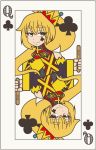  1girl akita_neru blonde_hair card club_(shape) crown eyebrows_visible_through_hair facial_tattoo half-closed_eyes highres holding_stick looking_at_viewer playing_card popsicle_stick queen_of_clubs reflection smile smith_hioka solo symmetry tattoo upper_body vocaloid white_background 
