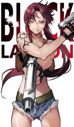  1girl 55level belt black_lagoon breasts brown_eyes brown_hair cigarette copyright_name denim denim_shorts dual_wielding fingerless_gloves gloves gun handgun highres holding holding_gun holding_weapon holster large_breasts long_hair looking_at_viewer midriff navel pistol ponytail revy_(black_lagoon) shorts solo tank_top tattoo weapon 