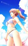  1girl 2018 :d aircraft airplane armlet bikini black_ribbon blue_eyes blue_sky breasts brown_hair clouds cowboy_shot day eyebrows_visible_through_hair flower from_below hair_between_eyes hair_flower hair_ornament holding large_breasts long_hair navel ocean open_mouth original outdoors ponytail ribbon shiny shiny_hair sideboob sky smile solo standing sunflower swimsuit under_boob white_bikini white_ribbon yellow_flower you_haruka 