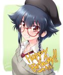  1girl bangs beret bespectacled black_hair black_headwear blush braid brown_eyes casual commentary dress_shirt english_text eyebrows_visible_through_hair girls_und_panzer glasses green_background grin happy_birthday hat highres kuzuryuu_kennosuke looking_at_viewer loose_necktie necktie off-shoulder_sweater off_shoulder outside_border pepperoni_(girls_und_panzer) portrait red-framed_eyewear red_neckwear shirt short_hair side_braid smile solo sweater white_shirt white_sweater wing_collar 