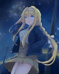  1girl alice_schuberg blonde_hair blue_hair blue_jacket hairband highres jacket long_hair looking_at_viewer skirt sword_art_online sword_art_online_alicization white_hairband 