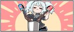  1girl blue_hair closed_eyes coca-cola english_commentary girls_frontline junsuina_fujunbutsu pa-15_(girls_frontline) pepsi pot pouring smug soft_drink solo tin_can twintails 