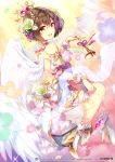  1girl angel_wings bare_back bare_shoulders bell blurry blurry_foreground brown_eyes brown_hair clouds commentary crown crypton_future_media daisy depth_of_field detached_sleeves dress eighth_note flower food from_behind fruit gold_trim grapes hair_flower hair_ornament hatsune_miku_graphy_collection high_heels holding_bell kurisu_sai laurels looking_at_viewer looking_back meiko musical_note official_art open_mouth piapro rainbow ribbon rose short_hair sitting sky smile solo sunlight thigh_strap vocaloid white_dress wings wrist_cuffs wristband 
