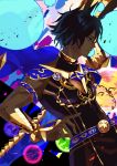  1boy absurdres animal_ears arjuna_(fate/grand_order) armlet black_eyes black_hair blue_cape cape chain dark_skin dark_skinned_male fate/grand_order fate_(series) gold_trim highres male_focus nyaon_oekaki signature solo 