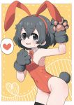  1girl animal_ears bare_shoulders black_hair black_legwear blue_eyes blush bow bowtie bunny_tail commentary_request cowboy_shot detached_collar eyebrows_visible_through_hair fake_animal_ears flying_sweatdrops gloves heart highres kaban_(kemono_friends) kemono_friends leotard no_hat no_headwear orange_background paw_gloves paws rabbit_ears ransusan red_leotard red_neckwear short_hair simple_background sleeveless solo spoken_heart strapless strapless_leotard sweat tail thigh-highs 