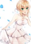  1girl absurdres ahoge artoria_pendragon_(all) bare_arms bare_shoulders blonde_hair braid breasts commentary_request dress eyebrows_visible_through_hair fate/stay_night fate_(series) green_eyes hair_between_eyes hair_ribbon highres leaf looking_at_viewer medium_breasts ribbon saber simple_background solo wedding_dress white_background white_dress white_ribbon yua_(bokubo0806) 