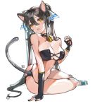  1girl alraco animal_ears arm_support asymmetrical_gloves bell bell_choker bikini black_gloves black_hair black_nails breasts cat_ears cat_tail choker earrings elbow_gloves fingerless_gloves full_body gloves hair_ribbon jewelry long_hair nail_polish open_mouth original ribbon sidelocks simple_background sitting solo swimsuit tail twintails white_background yellow_eyes 