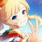  1girl bangs bare_shoulders blonde_hair blue_eyes blush breasts commentary_request face grin hair_ornament idolmaster idolmaster_million_live! jewelry long_hair looking_at_viewer mikapoe necklace ootsuki_yui smile solo 