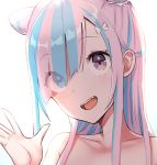  1girl :d backlighting bangs blue_hair collarbone eyebrows_visible_through_hair hair_over_one_eye hand_up head_tilt highres long_hair mappaninatta multicolored_hair open_mouth original pink_hair simple_background smile solo two-tone_hair upper_body upper_teeth violet_eyes white_background 