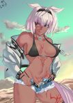  1girl bikini black_bikini_top blue_eyes body_markings breasts caenis_(fate) clouds cutoffs dark_skin dog_tags fate/grand_order fate_(series) green_sky hair_intakes highleg highleg_bikini highres large_breasts manta527 mountainous_horizon navel pixiv_fate/grand_order_contest_2 studded_jacket swimsuit tattoo white_hair white_nails 