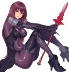  1girl bangs blush bodysuit breasts covered_navel fate/grand_order fate_(series) gae_bolg hair_between_eyes hifumi_(art_sky_littel) highres knees_up large_breasts long_hair looking_at_viewer pauldrons polearm purple_bodysuit purple_hair red_eyes scathach_(fate)_(all) scathach_(fate/grand_order) simple_background sitting solo spear thighs weapon white_background 