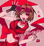  1girl ahoge black_gloves bow brown_hair commentary crop_top fingerless_gloves food food_in_mouth fork fruit gloves goggles goggles_on_head hand_up happy_birthday heart heart-shaped_eyewear highres holding holding_fork holding_goggles kazenemuri left-handed meiko midriff mouth_hold navel one_eye_closed red_bow red_eyes red_shirt red_skirt shirt short_hair single_glove skirt smile solo strawberry vocaloid 