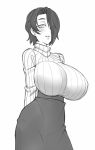 1girl arms_behind_back blush breasts commentary english_commentary greyscale hair_over_one_eye high-waist_skirt huge_breasts impossible_clothes impossible_shirt long_sleeves looking_at_viewer monochrome original parted_lips ribbed_shirt saya_(twrlare) shirt short_hair simple_background skirt smile solo sweater turtleneck turtleneck_sweater twrlare white_background 