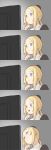  1girl blonde_hair blue_eyes blush closed_mouth commentary_request grey_background hand_on_own_chin hat head_tilt highres keemu_(occhoko-cho) mini_hat monitor original ponytail simple_background smile solo 