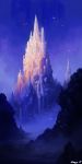  bird blue_sky building castle commentary english_commentary fantasy highres kenji_gonzales no_humans original scenery signature sky water waterfall 