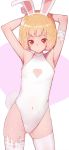  1girl animal_ears armpits arms_behind_head arms_up ass_visible_through_thighs bangs blonde_hair blush breasts bunny_tail bunnysuit cleavage_cutout closed_mouth covered_navel cowboy_shot fake_animal_ears fake_tail hairband heart heart-shaped_pupils heart_cutout leotard looking_at_viewer original rabbit_ears red_eyes redb short_hair small_breasts solo symbol-shaped_pupils tail thigh-highs two-tone_background white_hairband white_legwear white_leotard 