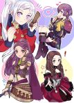 4girls ararecoa bernadetta_von_varley bike_shorts blonde_hair boots bracelet brown_hair candy closed_mouth comb dorothea_arnault dress earrings eating edelgard_von_hresvelg facial_mark fire_emblem fire_emblem:_three_houses food gloves highres holding holding_sword holding_weapon jewelry knee_boots long_hair long_sleeves multiple_girls open_mouth petra_macneary ponytail purple_hair short_dress simple_background sword violet_eyes weapon yellow_gloves 