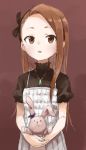  1girl absurdres asymmetrical_bangs bangs black_ribbon black_shirt brown_background brown_eyes brown_hair commentary_request dress hair_ribbon highres holding holding_stuffed_animal idolmaster idolmaster_(classic) jewelry long_hair minase_iori parted_lips pendant puffy_short_sleeves puffy_sleeves ribbon shirt short_sleeves simple_background sketch sleeveless sleeveless_dress solo stuffed_animal stuffed_bunny stuffed_toy upper_body upper_teeth very_long_hair white_dress yamamoto_souichirou 