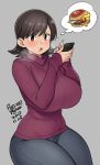  1girl :o agawa_ryou blush breasts brown_eyes brown_hair cellphone curvy english_commentary food hamburger holding holding_phone large_breasts medium_hair open_mouth original pants phone saliva sitting sleeves_past_wrists smartphone sweater thick_thighs thighs turtleneck turtleneck_sweater 