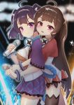  2girls absurdres ahoge alternate_costume ass azur_lane bangs behind_another black_legwear blunt_bangs blunt_ends blurry blurry_background blush breasts brown_hair closed_mouth cowboy_shot dress eyebrows_visible_through_hair from_side glowstick hairband hand_up headphones headphones_around_neck highres holding holding_microphone karu_(ricardo_2628) long_hair looking_at_viewer medium_breasts medium_hair microphone multiple_girls ning_hai_(azur_lane) ning_hai_(dragon_sisters!)_(azur_lane) no_bra open_mouth ping_hai_(azur_lane) ping_hai_(dragon_sisters!)_(azur_lane) pleated_skirt purple_hair purple_skirt raised_eyebrows red_dress red_eyes round_teeth see-through shiny shiny_hair shiny_skin short_sleeves sidelocks single_thighhigh skirt smile sparkle stage_lights standing teeth thigh-highs thighs tongue two-tone_dress under_boob very_long_hair violet_eyes white_dress white_hairband wide_sleeves wireless 