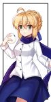  1girl absurdres ahoge artoria_pendragon_(all) bangs blonde_hair blue_ribbon blue_scarf blue_skirt breasts commentary eating eyebrows_visible_through_hair fate/grand_order fate/stay_night fate_(series) food green_eyes hair_between_eyes hair_ribbon highres holding holding_food jacket looking_at_viewer oguri_(pixiv25574366) ribbon saber scarf short_hair simple_background skirt solo white_background white_jacket 