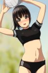  1girl :d absurdres arms_up ball bangs black_buruma black_hair black_shirt blurry blurry_background blush breasts brown_eyes buruma crop_top day depth_of_field eyebrows_visible_through_hair highres holding holding_ball leaning_to_the_side matsunaga_kouyou medium_breasts midriff navel nose_blush open_mouth original outdoors round_teeth shirt short_sleeves smile solo teeth upper_teeth volleyball 