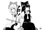  2girls bow commission commissioner_upload detached_sleeves flat_chest greyscale hair_bow hair_tubes hakurei_reimu instrument medium_hair monochrome multiple_girls music norman_maggot playing_instrument satsuki_rin short_hair side-by-side sitting sleeves_past_wrists smile touhou 