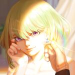 1boy androgynous blonde_hair close-up earrings face highres jewelry lio_fotia lips looking_at_viewer male_focus nail_polish promare short_hair smile umbrella369 violet_eyes 