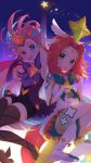  2girls :o absurdres blue_eyes green_eyes harrybeace heterochromia highres league_of_legends looking_at_viewer magical_girl multicolored_hair multiple_girls neeko_(league_of_legends) pink_eyes pink_hair smile star_guardian_(league_of_legends) tagme thigh-highs v zoe_(league_of_legends) 