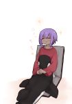  1girl :&gt; =_= bangs blush closed_eyes closed_mouth collarbone dark_skin eyebrows_visible_through_hair fate/prototype fate/prototype:_fragments_of_blue_and_silver fate_(series) hair_between_eyes hassan_of_serenity_(fate) i.u.y long_sleeves purple_hair red_sweater ribbed_sweater sitting solo sweater translation_request white_background wide_sleeves 