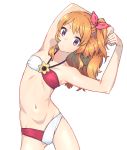  +_+ 1girl abs aikatsu! aikatsu!_(series) armpits arms_up bikini blush bow breasts commentary_request cowboy_shot eyebrows_visible_through_hair flower hair_bow halter_top halterneck highres long_hair looking_at_viewer navel one_side_up oozora_akari orange_hair pink_bow side_ponytail simple_background small_breasts solo stretch swimsuit toned tunamayochan violet_eyes white_background 
