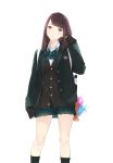  1girl ama_mitsuki arm_at_side backpack bag bag_charm bangs black_eyes black_legwear blazer bottle bow bowtie brown_cardigan brown_hair charm_(object) collared_shirt commentary_request crying crying_with_eyes_open dated feet_out_of_frame green_bow green_jacket green_skirt head_tilt jacket kneehighs long_hair long_sleeves miniskirt open_clothes open_jacket original pleated_skirt shirt simple_background skirt sleeves_past_wrists solo standing stuffed_animal stuffed_shark stuffed_toy swept_bangs tears teddy_(khanshin) twitter_username unbuttoned white_background 