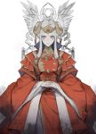  1girl blonde_hair closed_mouth edelgard_von_hresvelg fire_emblem fire_emblem:_three_houses headpiece horns long_sleeves own_hands_together p-nekor simple_background sitting solo throne violet_eyes white_background wide_sleeves 