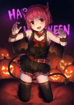  1girl alternate_costume demon_horns demon_tail demon_wings dorothy_haze fang halloween halloween_costume happy_halloween highres horns jack-o&#039;-lantern mr.lime pink_hair red_eyes solo tail thigh-highs va-11_hall-a wings 