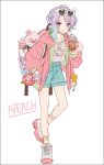  1girl bag blue_hair blue_shorts blush_stickers bubble_tea cup disposable_cup drinking_straw gradient_hair grin hakusai_(tiahszld) hand_in_pocket holding holding_cup hood hood_down hooded_jacket jacket long_sleeves looking_at_viewer multicolored_hair open_clothes open_jacket original pink_jacket purple_hair shirt shoes short_shorts shorts smile sneakers socks solo standing standing_on_one_leg striped striped_shirt violet_eyes white_background white_footwear white_shirt yellow_legwear 