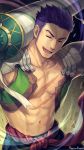  1boy :d abs artist_name bare_chest caladbolg chest_scar closed_eyes fate/grand_order fate_(series) fergus_mac_roich_(fate/grand_order) green_pants hagino_kouta male_focus navel open_mouth over_shoulder pants purple_hair scar signature smile solo upper_body v-shaped_eyebrows weapon weapon_over_shoulder 