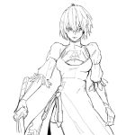  1girl ahoge cleavage_cutout closed_mouth dress feather-trimmed_sleeves feathers gloves greyscale hair_between_eyes hanjo holding holding_sword holding_weapon katana mole mole_under_mouth monochrome nier_(series) nier_automata puffy_sleeves short_hair sketch sword thigh-highs turtleneck weapon yorha_no._2_type_b 