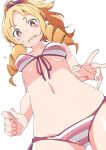  1girl bikini blonde_hair bow breasts brown_eyes drill_hair eromanga_sensei from_below hair_bow ixy looking_at_viewer medium_breasts navel open_mouth pointy_ears short_hair side-tie_bikini simple_background solo striped striped_bikini swimsuit twin_drills white_background yamada_elf 