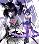  1girl absurdres bangs blue_butterfly blue_eyes breast_tattoo breasts crossed_bangs efeeek hair_ornament halberd highres holding holding_scythe holding_weapon honkai_(series) honkai_impact_3rd polearm red_eyes scythe seele seele_vollerei skirt skull spear tattoo weapon 