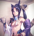  1girl armor bangs black_hair black_headwear blue_eyes blue_gloves breasts cowboy_shot cup detached_sleeves fate/grand_order fate_(series) gloves hair_ornament hat highres holding holding_cup japanese_armor katana kusazuri long_hair mini_hat mismatched_sleeves navel parted_bangs revealing_clothes scabbard sheath sheathed side_ponytail sidelocks single_glove small_breasts smile solo sword ushiwakamaru_(fate/grand_order) very_long_hair weapon wide_sleeves yoake_dawn01 