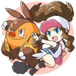  1girl baseball_cap blue_eyes brown_hair chibi full_body gen_5_pokemon hat open_mouth peron_(niki2ki884) pignite pink_handbag poke_ball_symbol pokemon pokemon_(game) pokemon_bw pokemon_masters ponytail shirt short_shorts shorts signature sleeveless sleeveless_shirt smile touko_(pokemon) vest wristband 