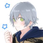  1boy 504723f artist_name ashe_ubert blush epaulettes fire_emblem fire_emblem:_three_houses freckles green_eyes grey_hair highres solo star upper_body white_background 