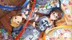  2girls akizuki_ritsuko blush brown_eyes brown_hair dress green_eyes idolmaster_million_live!_theater_days long_hair shinomiya_karen 