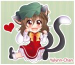  1girl :d animal_ears artist_name bangs black_footwear blush brown_eyes brown_hair cat_ears cat_tail chen commentary dress earrings green_background green_headwear hair_between_eyes hands_up hat heart jewelry long_sleeves looking_at_viewer mary_janes mob_cap multiple_tails nekomata open_mouth outline paw_pose petticoat red_dress shirt shoes short_hair sitting smile socks solo striped striped_background tail touhou two_tails vertical-striped_background vertical_stripes white_legwear white_outline white_shirt yulynn-chan 