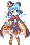  1girl adapted_costume blue_eyes blue_hair blush bow bowtie candy cape cirno corset detached_wings food frilled_shirt frilled_skirt frills hair_bow halloween halloween_basket halloween_costume hat heart highres ice ice_wings kuraaken large_bow looking_at_viewer open_mouth pantyhose shirt simple_background skirt solo striped striped_legwear top_hat touhou white_background wings 