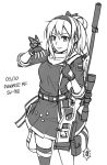  1girl blonde_hair blue_shirt bug butterfly butterfly_on_hand dated fingerless_gloves girls_frontline gloves gun hairband highres inktober insect mismatched_legwear monochrome ndtwofives ponytail red_eyes rifle scarf shirt short_hair shorts smile sniper_rifle solo sv-98 sv-98_(girls_frontline) weapon white_scarf 
