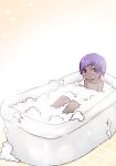  1girl bangs bath bathing bathtub blush closed_mouth collarbone dark_skin eyebrows_visible_through_hair fate/prototype fate/prototype:_fragments_of_blue_and_silver fate_(series) hassan_of_serenity_(fate) i.u.y nose_blush nude purple_hair soap_bubbles solo tile_floor tiles violet_eyes 
