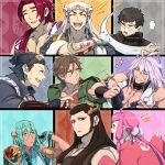  6+boys antenna_hair beard brown_hair chatan_nakiri chiyoganemaru doudanuki_masakuni facial_hair hand_in_hair jip jumpsuit laughing lavender_hair long_hair male_focus multicolored multicolored_background multiple_boys muscle nenekirimaru nihongou_(touken_ranbu) otegine pectorals pink_hair scar sengo_muramasa_(touken_ranbu) tonbokiri_(touken_ranbu) touken_ranbu undressing violet_eyes yamabushi_kunihiro yellow_eyes 