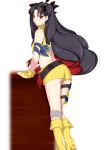  1girl ass bandaged_leg bandages bangs bare_shoulders black_hair blush boots commentary_request earrings eyebrows_visible_through_hair fate/grand_order fate_(series) fingerless_gloves gloves hair_ornament high_heel_boots high_heels hoop_earrings iseshi9167 ishtar_(fate/grand_order) jewelry knee_boots long_hair midriff multicolored_hair parted_bangs parted_lips red_eyes redhead short_shorts shorts solo space_ishtar_(fate) two-tone_hair two_side_up very_long_hair vest white_background yellow_footwear yellow_gloves yellow_shorts yellow_vest 